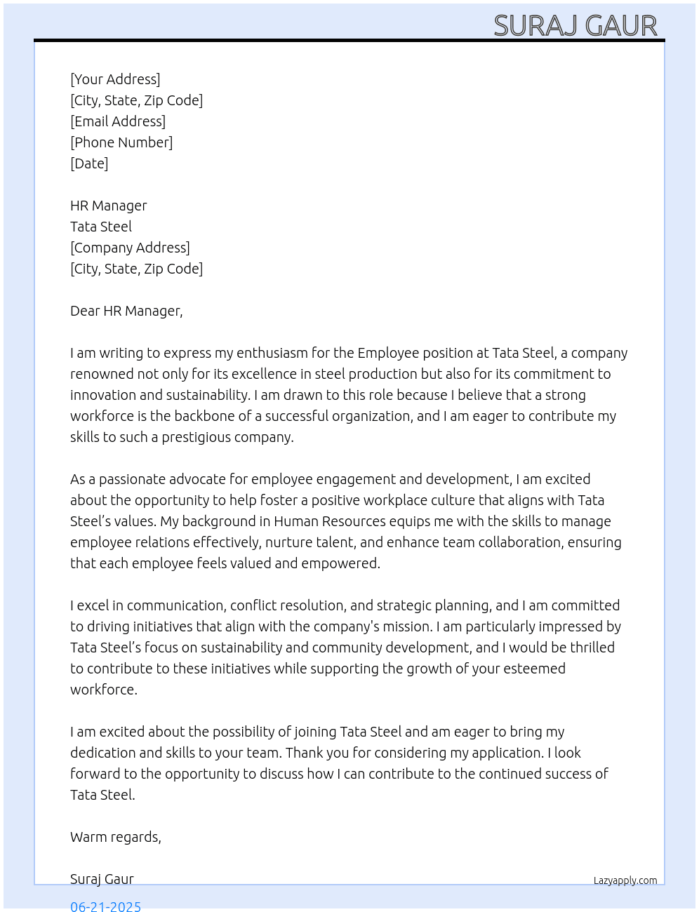 Employee  At Tata Steel  Cover Letter