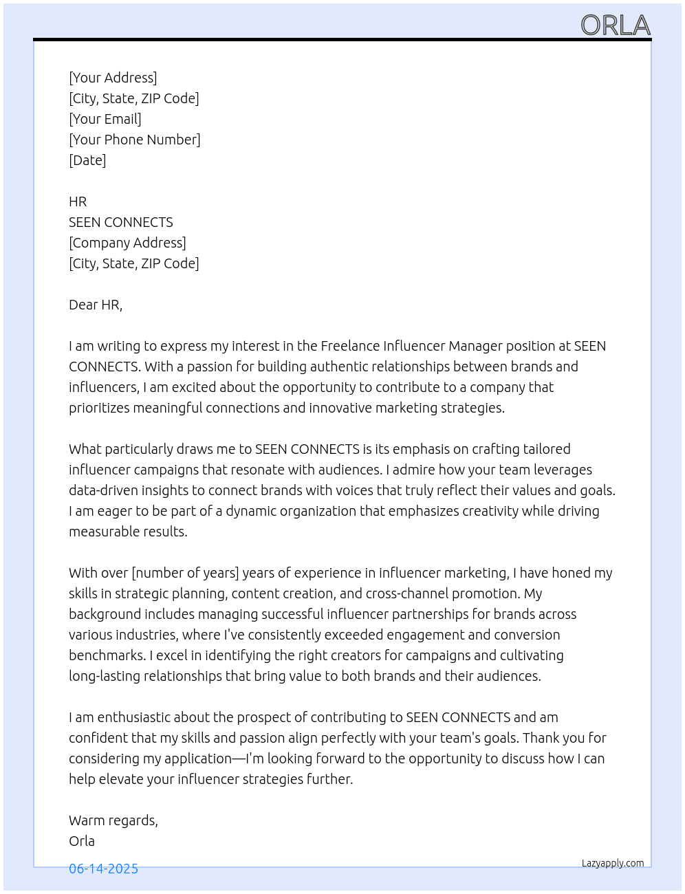 Freelance Influencer Manager At SEEN CONNECTS Cover Letter