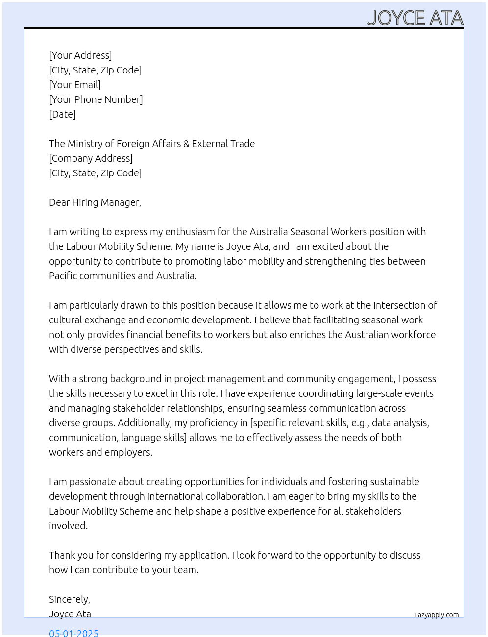 Australia Seasonal workers At Labour mobility scheme Cover Letter