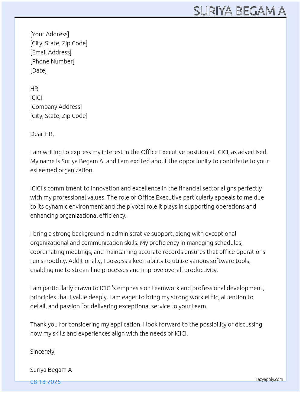 Office executive At ICICI Cover Letter