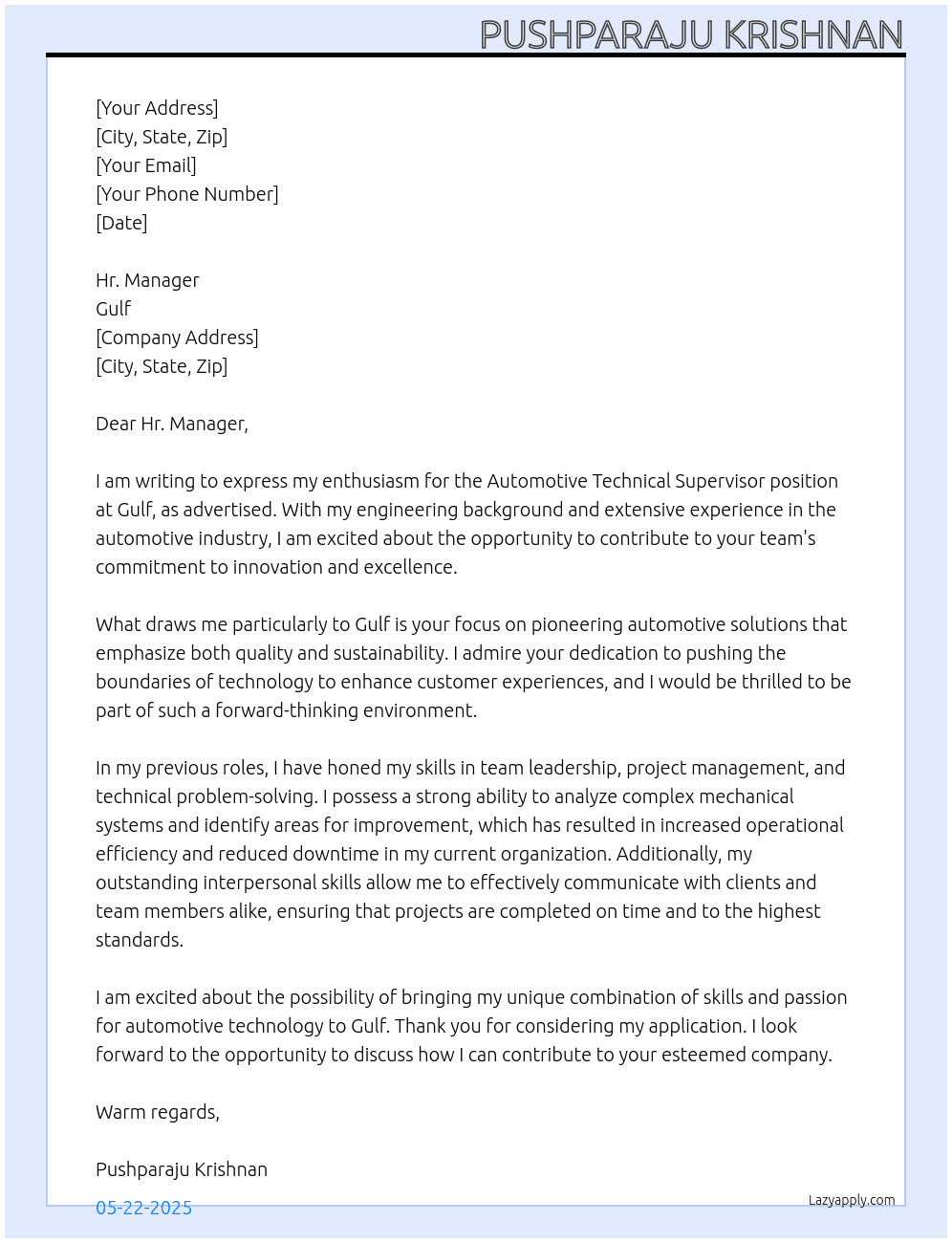 Cover letter for automotive technical supervisor - LazyApply