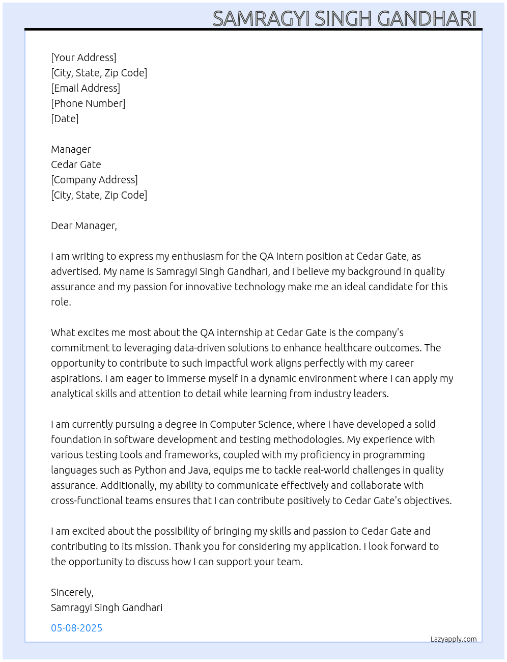 QA intern At Cedar Gate Cover Letter