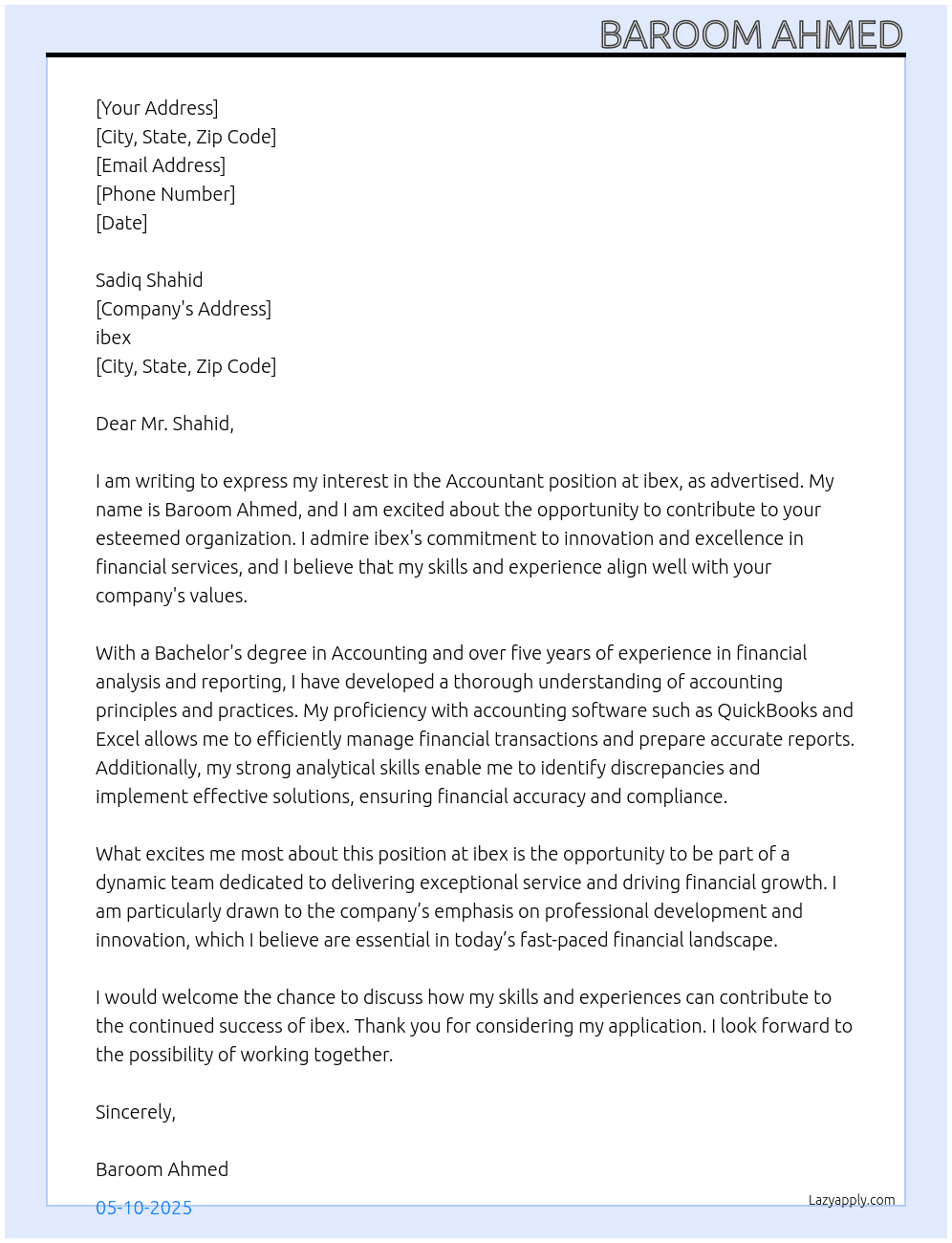 acoountant At ibex Cover Letter
