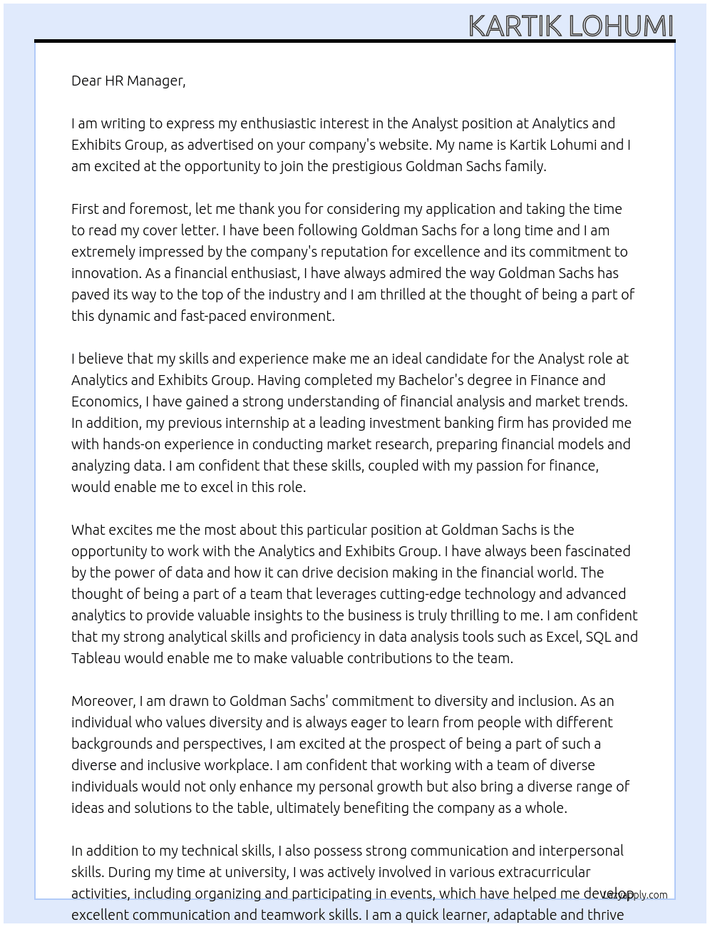 Cover letter for analyst at analytics and exhibits group - LazyApply