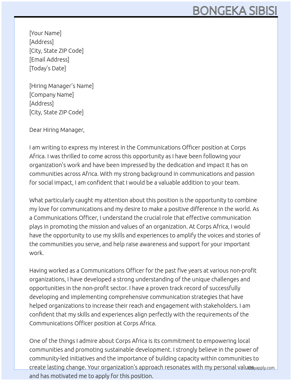 Communications Officer At Corps Africa Cover Letter
