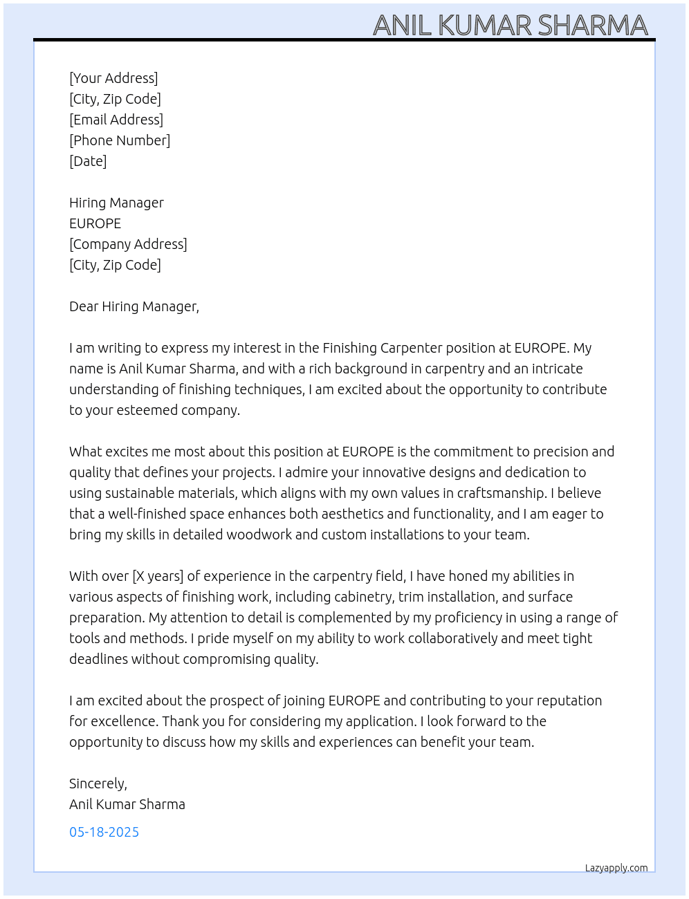 Cover letter for finicing carpenter - LazyApply