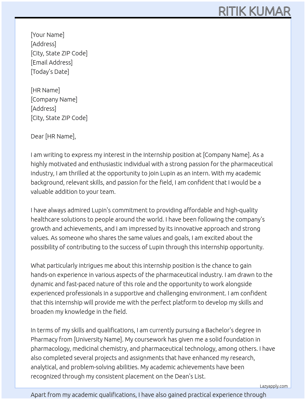Internship At Lupin Cover Letter