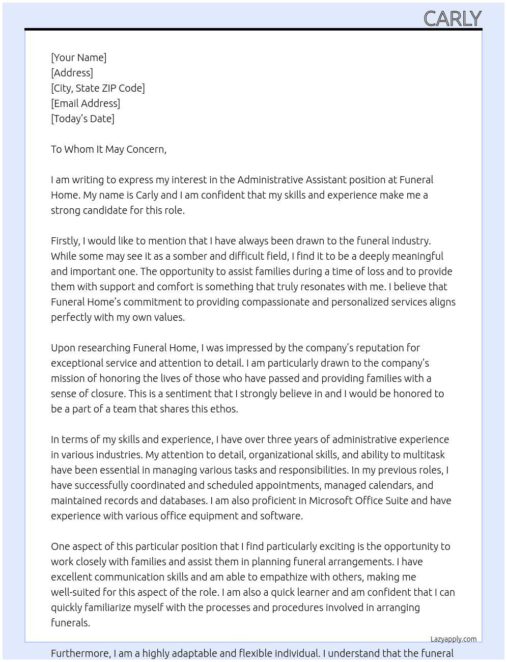 Administrative Assistant At Funeral Home Cover Letter