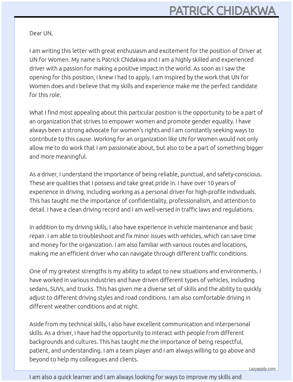 Driver At UN for Women Cover Letter
