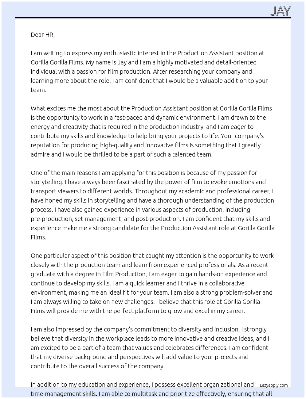 Production assistant At Gorilla Gorilla Films Cover Letter