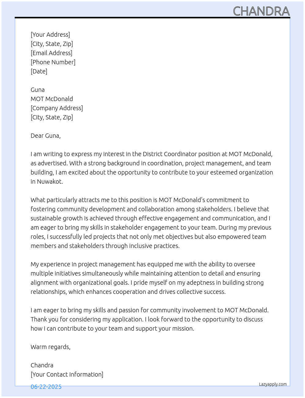 District Coordinator At MOT MaCDonald Cover Letter