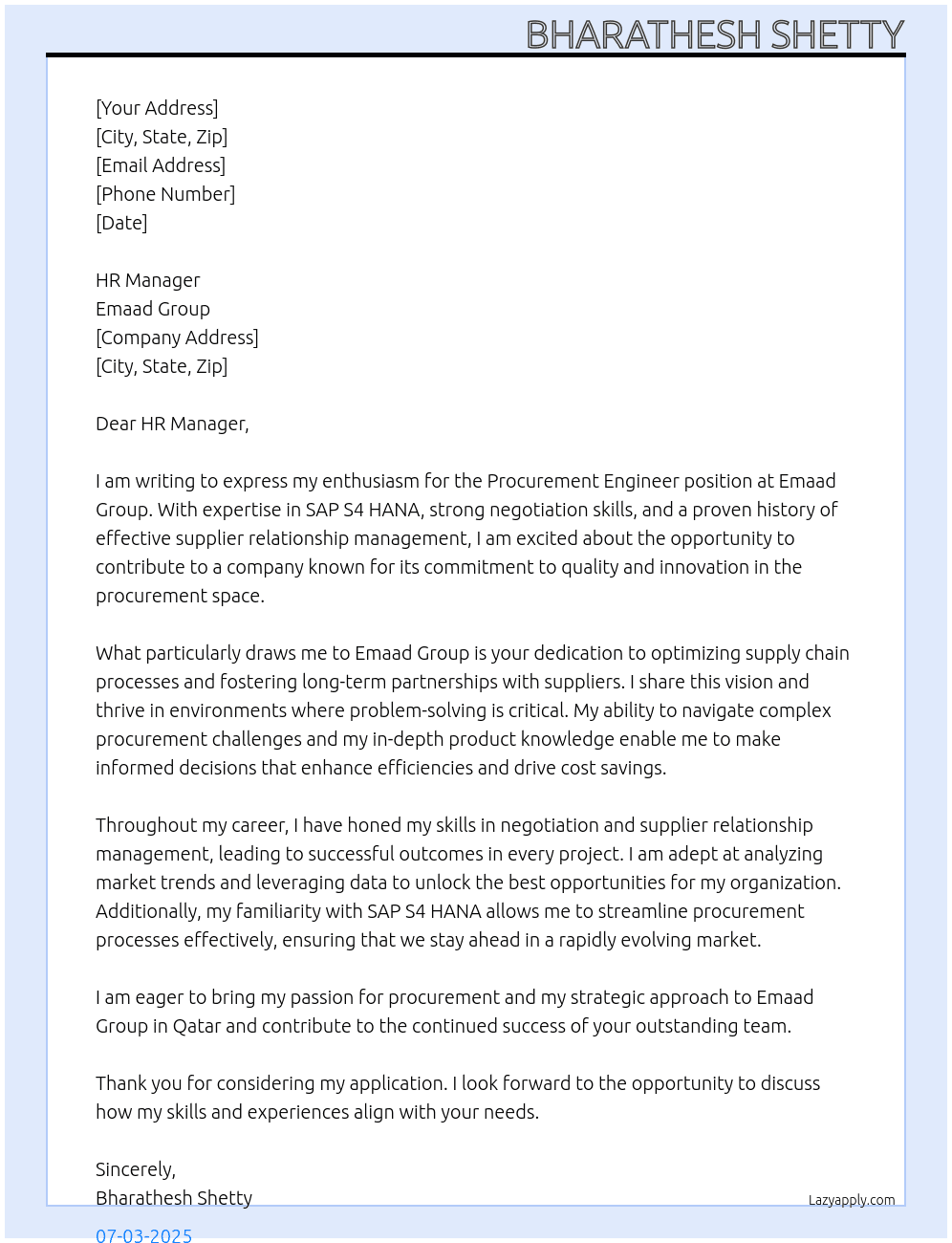 Procurement Engineer  At Emaad Group  Cover Letter