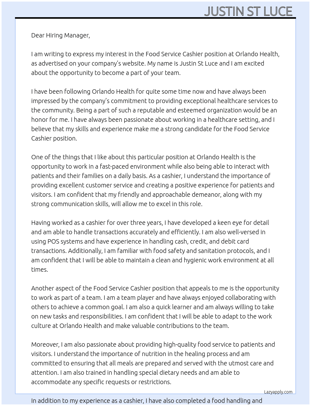 Food service cashier  At Orlando Health  Cover Letter