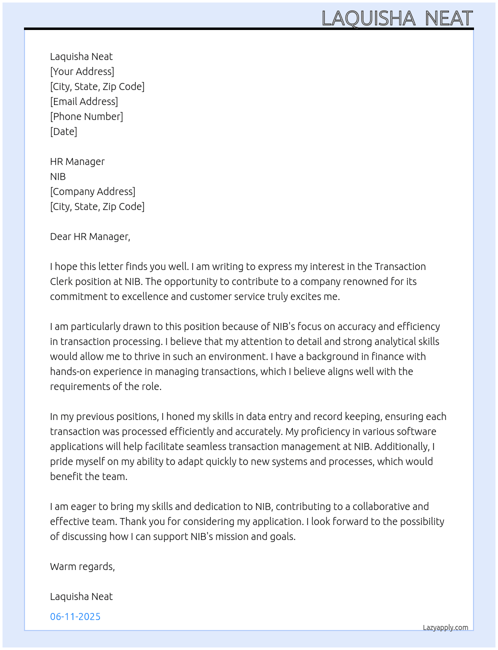 Transaction clerk  At NIB Cover Letter