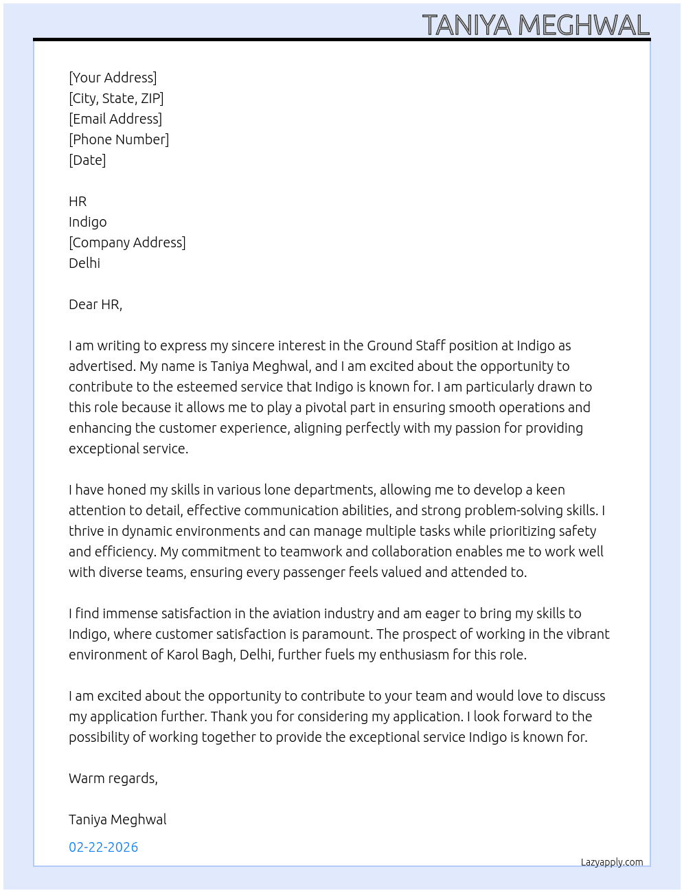 Ground staff At Indigo  Cover Letter