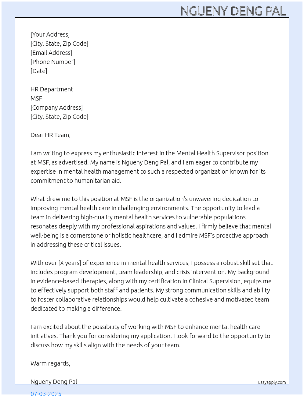 Cover letter for mental health supervisor - LazyApply