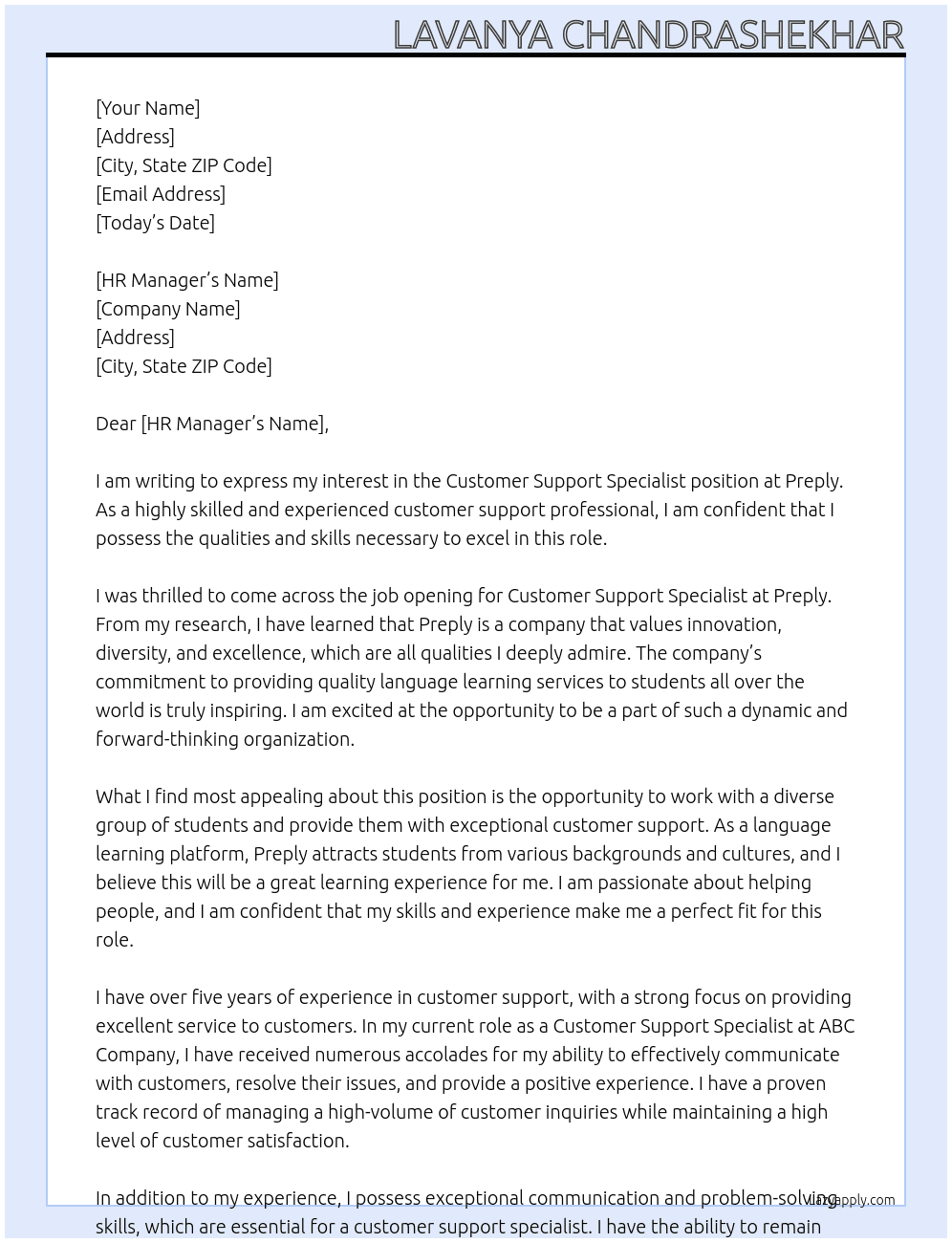 customer support specialist At preply Cover Letter