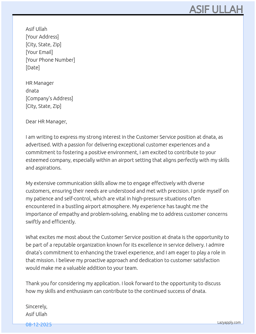Customer service At dnata Cover Letter