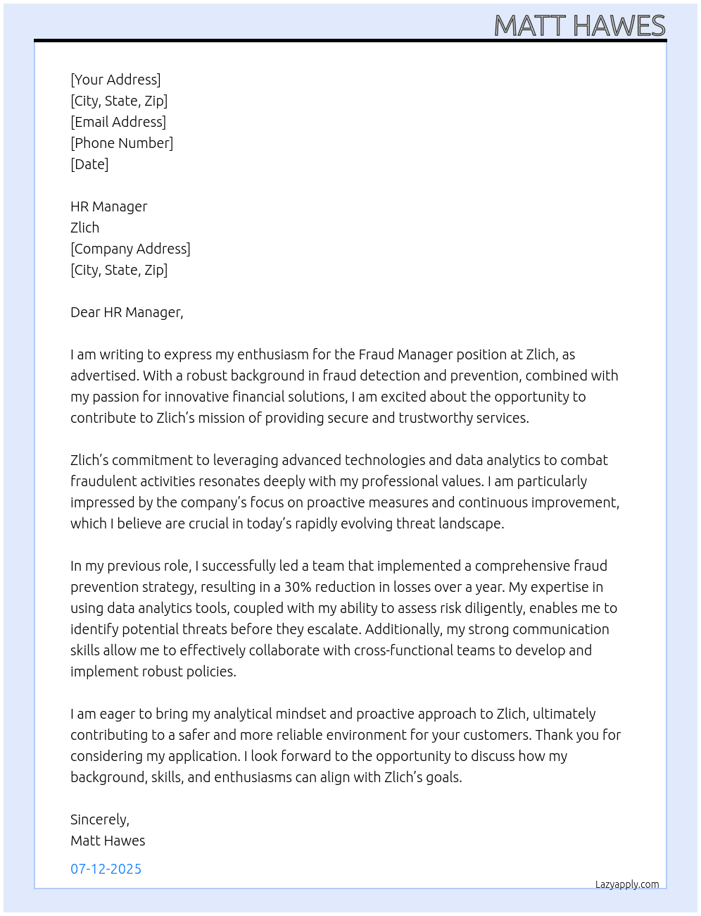 Fraud Manager At Zlich Cover Letter