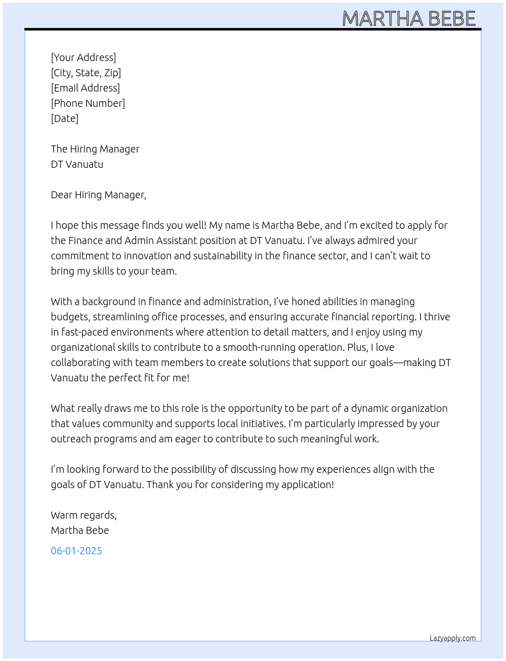 Finance and Admin Assistant  At DT Vanuatu  Cover Letter
