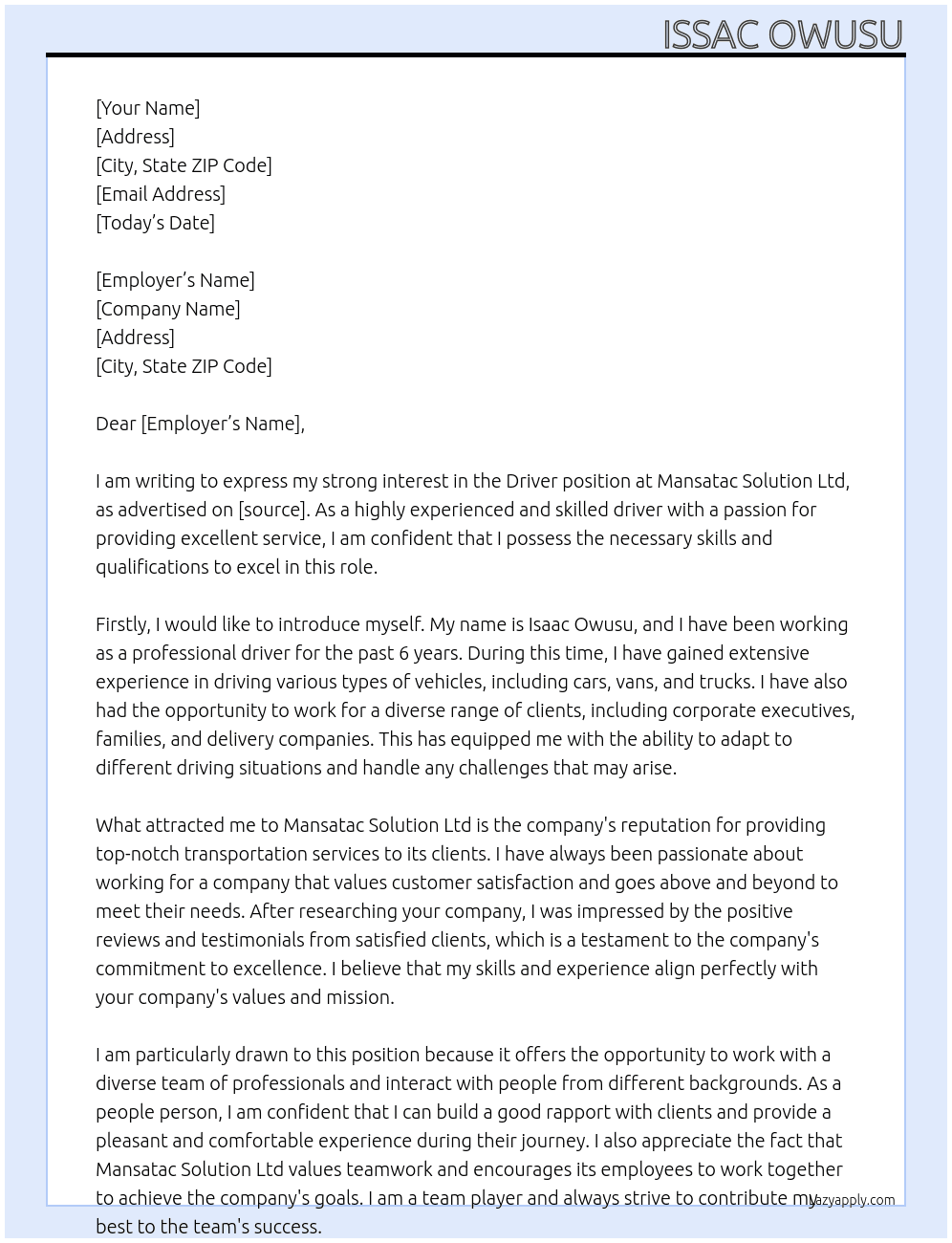 Driver At MANSATAC SOLUTION LTD Cover Letter