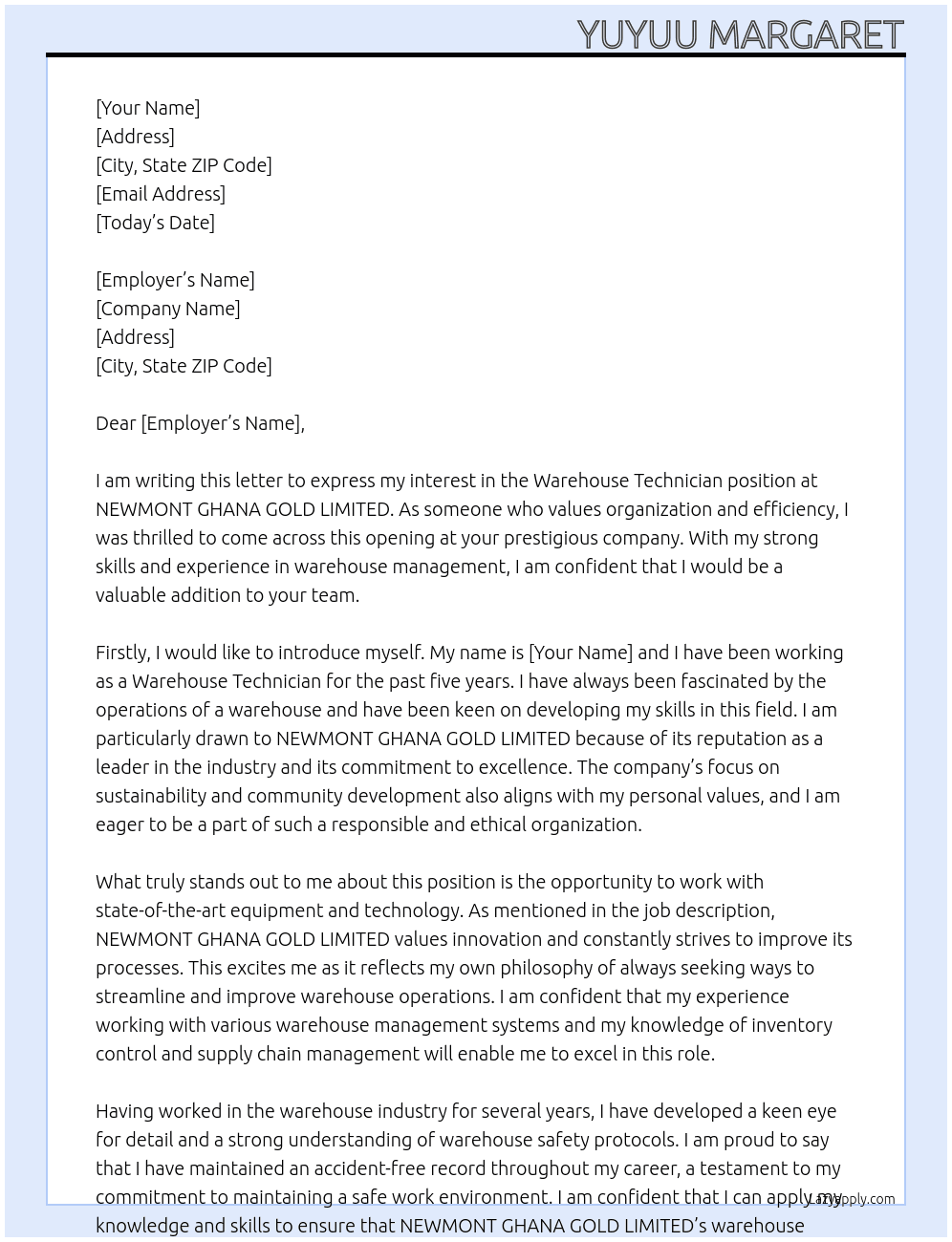WAREHOUSE TECHNICIAN At NEWMONT GHANA GOLD LIMITED Cover Letter