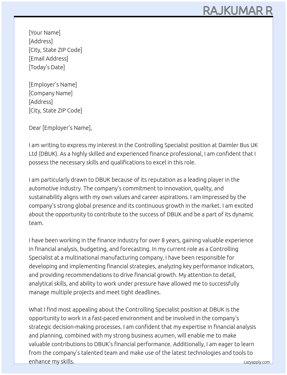Cover letter for controlling specialist - LazyApply