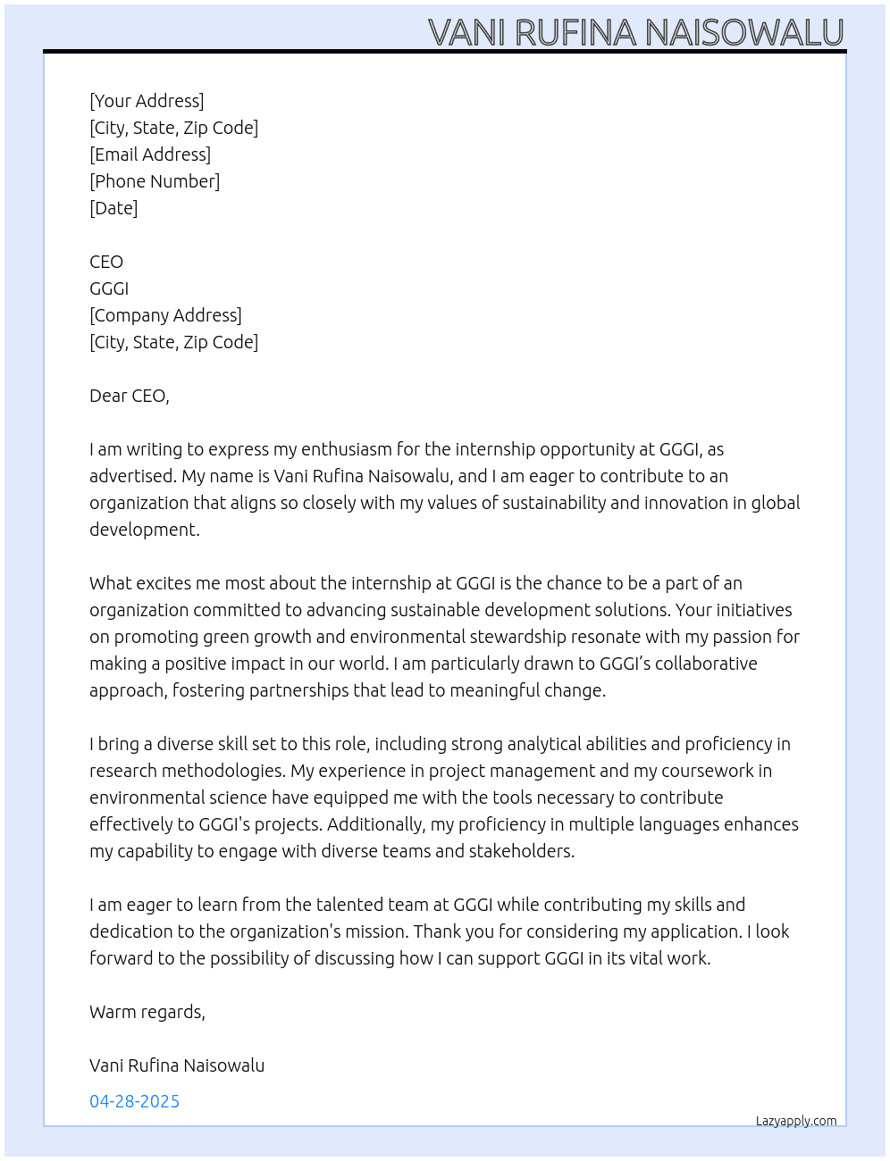 Internship At GGGI Cover Letter