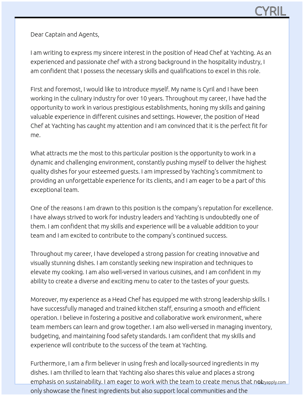 Head chef  At Yachting Cover Letter