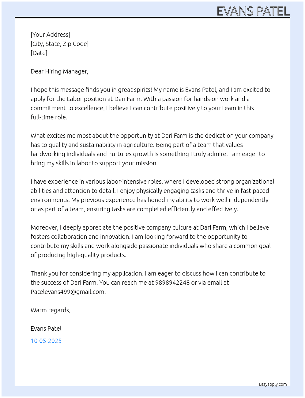 Laber  At Dari farm  Cover Letter