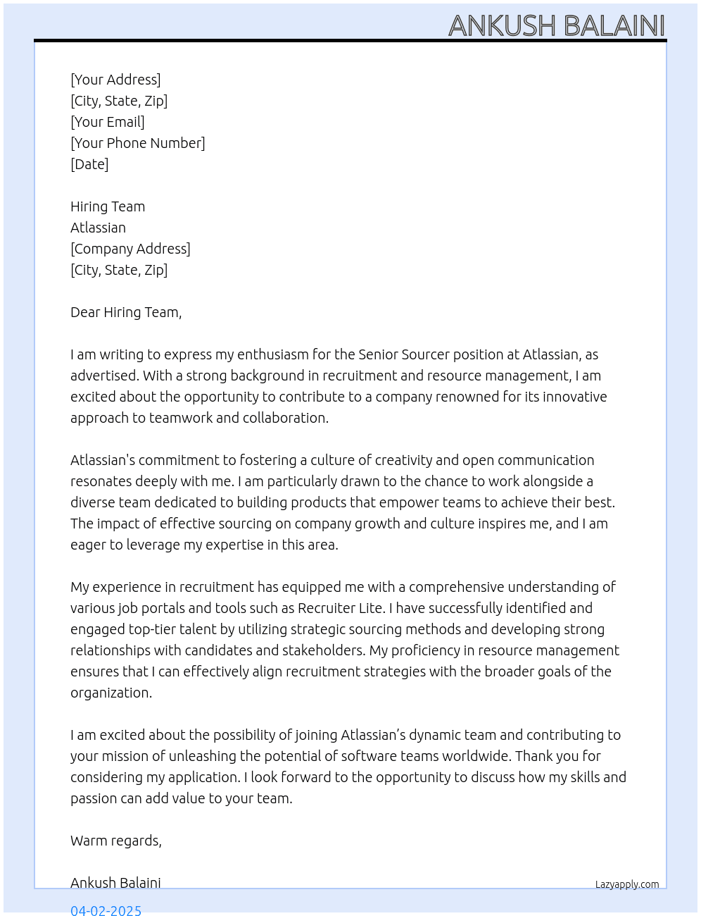 Senior Sourcer At Atlassian Cover Letter
