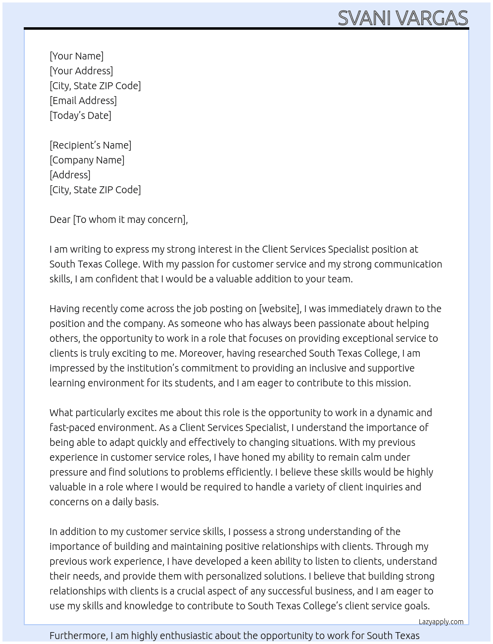 Client Services Specialist At South Texas College Cover Letter