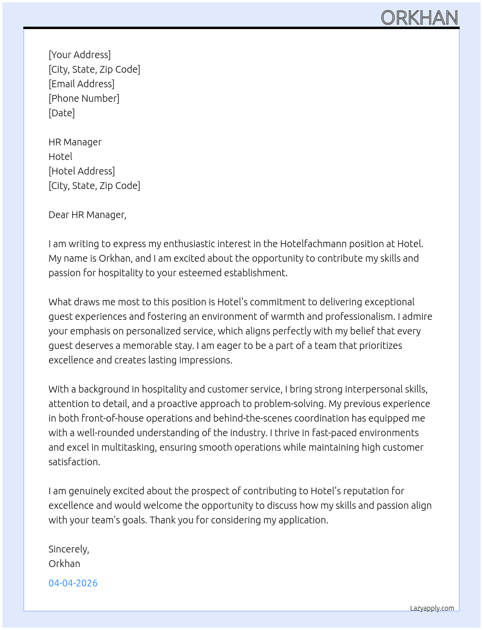 Hotelfachmann At hotel Cover Letter