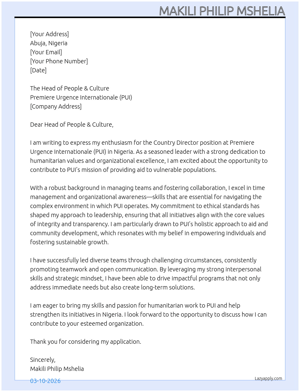 Cover letter for country director - nigeria - LazyApply