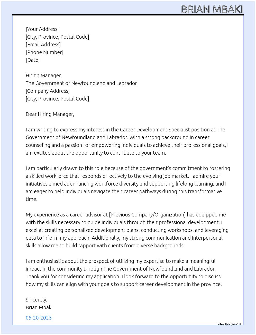 Career Development Specialist At The Government of Newfoundland and Labrador   Cover Letter