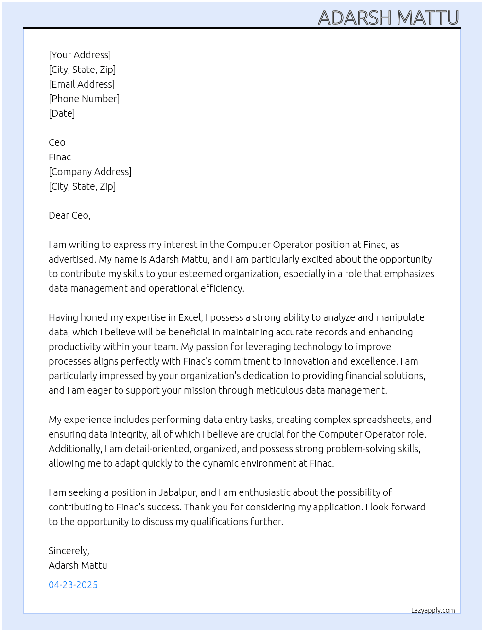 Computer operator  At Finac Cover Letter