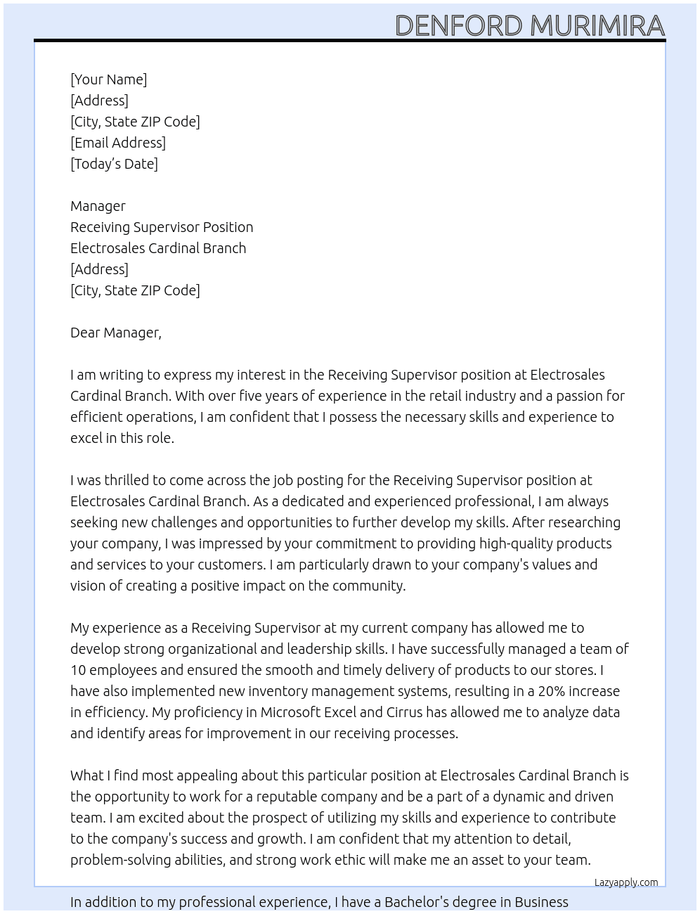 Receiving Supervisor  At Electrosales Cardinal Branch Cover Letter