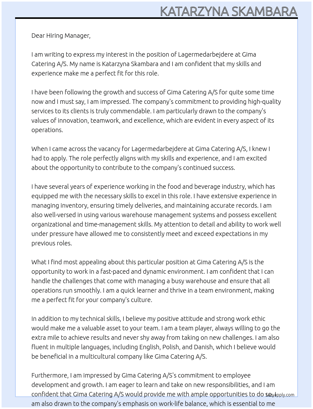 Lagermedarbejdere At Gima Catering A/S Cover Letter
