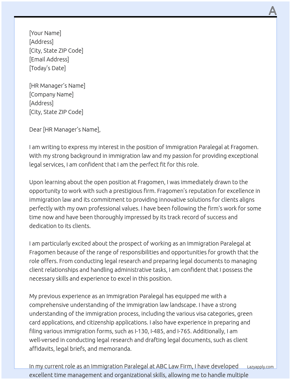 Immigration Paralegal At Fragomen Cover Letter