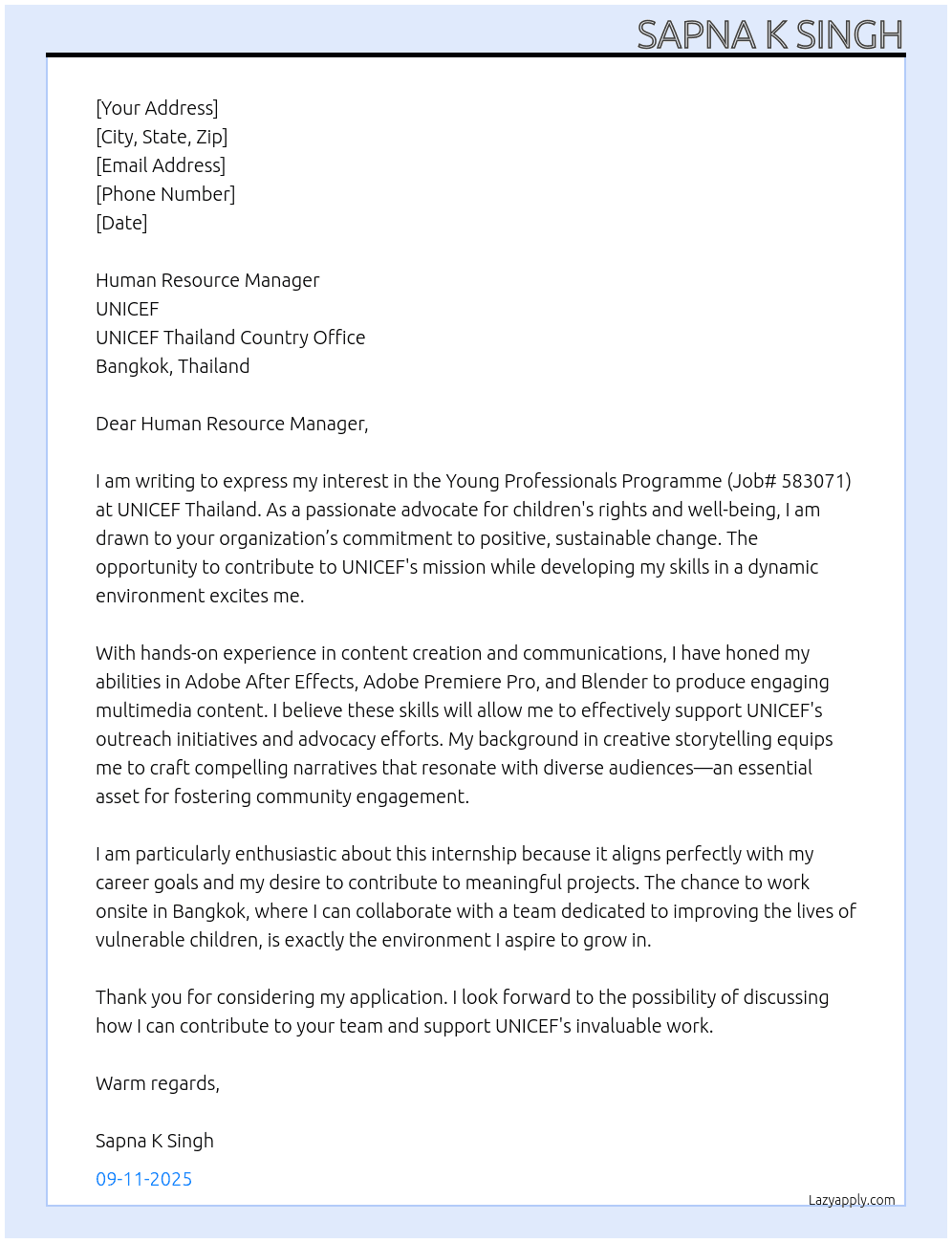 Cover letter for unicef thailand - young professionals programme, unicef thailand country office, bangkok, thailand, job# 583071 - LazyApply