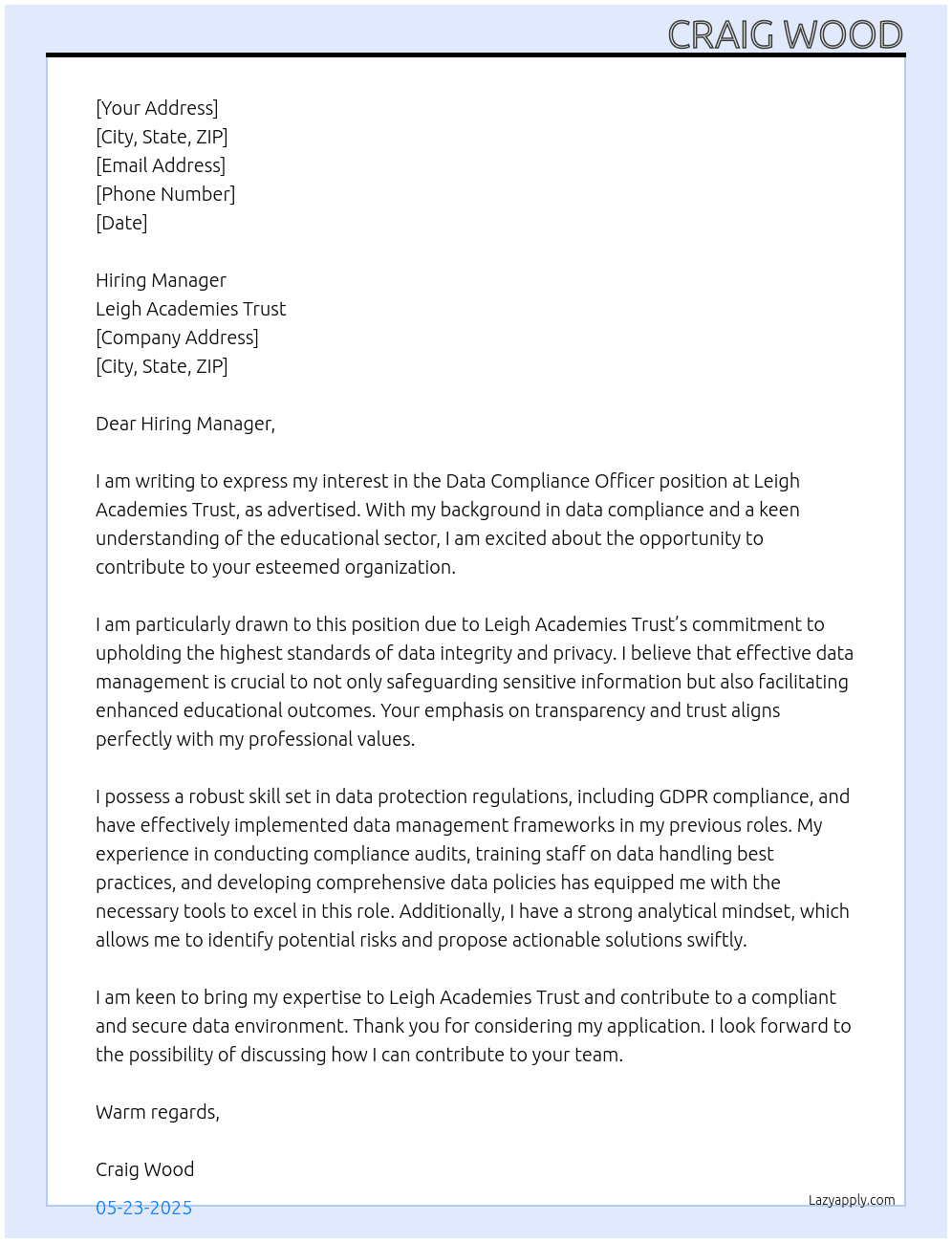 Data Compliance Officer At Leigh Academies Trust Cover Letter