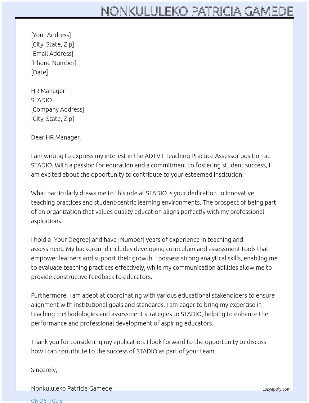 Cover letter for adtvt teaching practice assessor - LazyApply