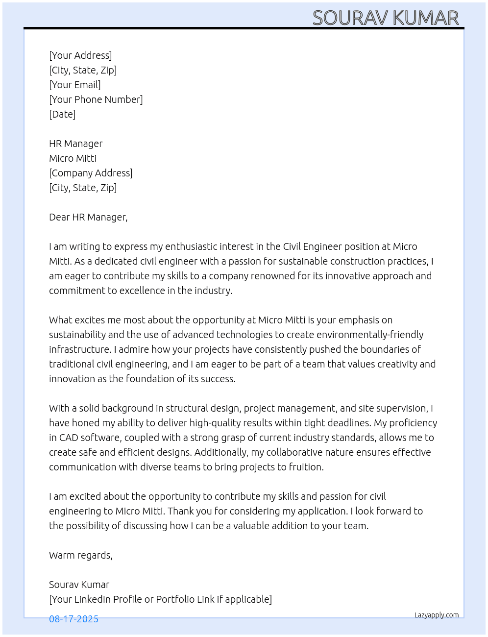 Civil Engineer  At Micro Mitti Cover Letter