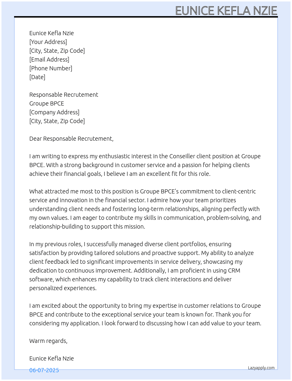 Conseiller client At Groupe BPCE Cover Letter