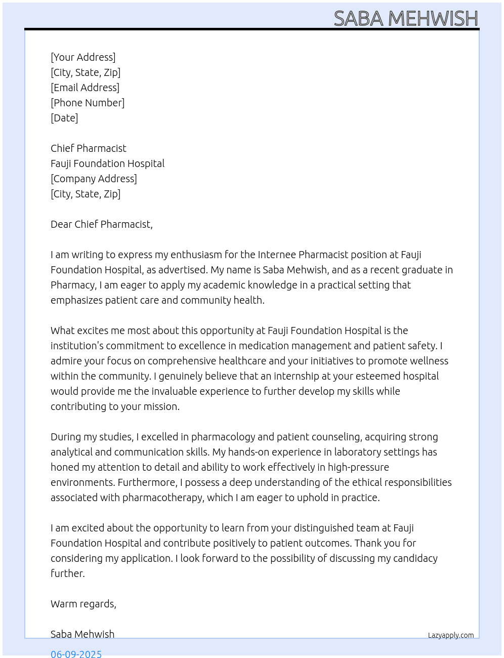 Internee pharmacist At Fauji Foundation Hospital  Cover Letter
