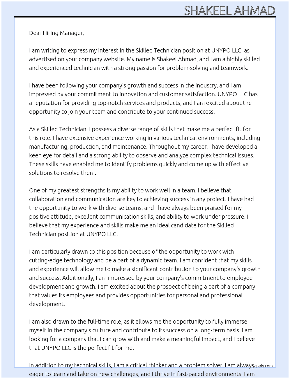Cover letter for skilled technician - LazyApply