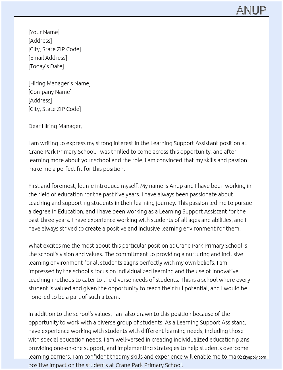 learning Support Assistant At Crane Park Primary School Cover Letter