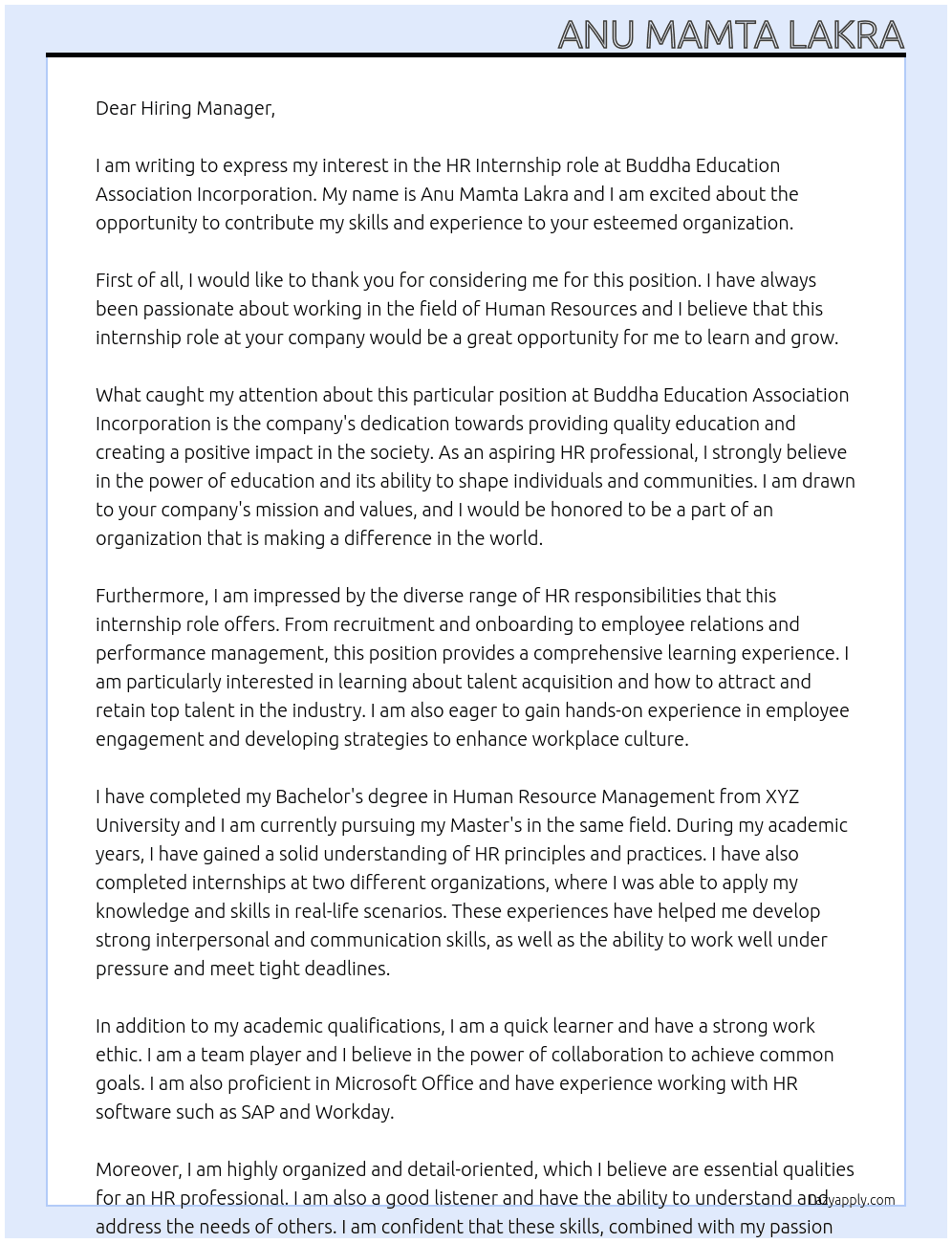 HR At Buddha Education Association Incorporation Cover Letter