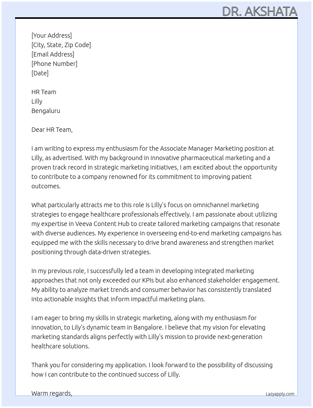 Associate Manager Marketing At Lilly Cover Letter