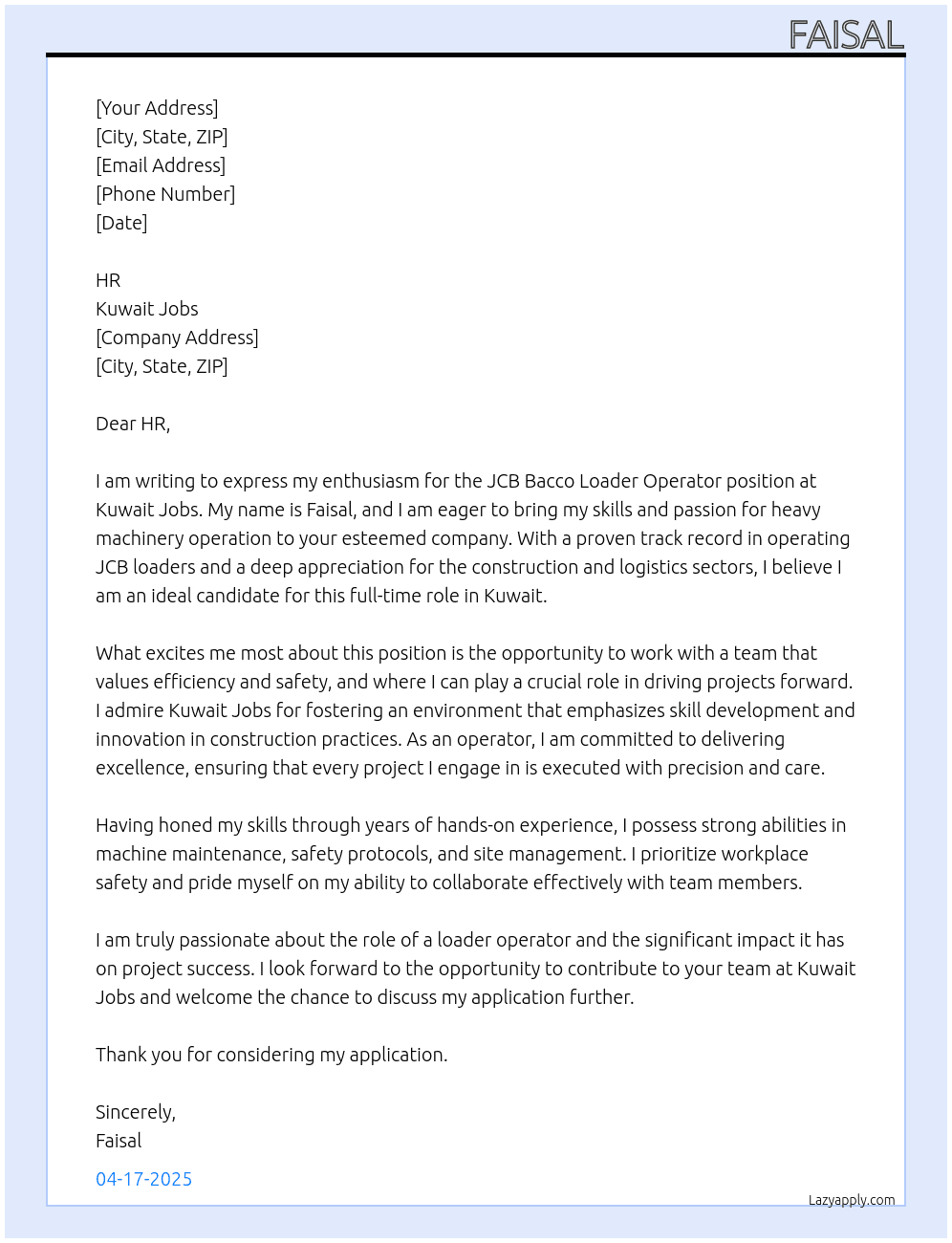 Cover letter for jcb bacco loader operator - LazyApply